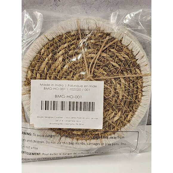 Bloomingville Woven Seagrass Coasters Set Of 4 Natural & White Round - Picture 1 of 2